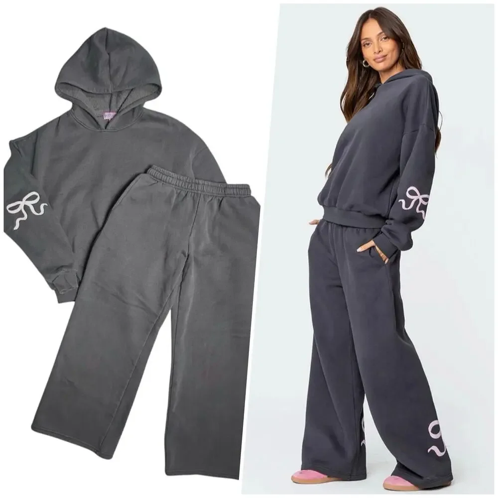 Edikted | Women | Bonney Bow Detail Gray Oversized Hoodie Matching Set | Small